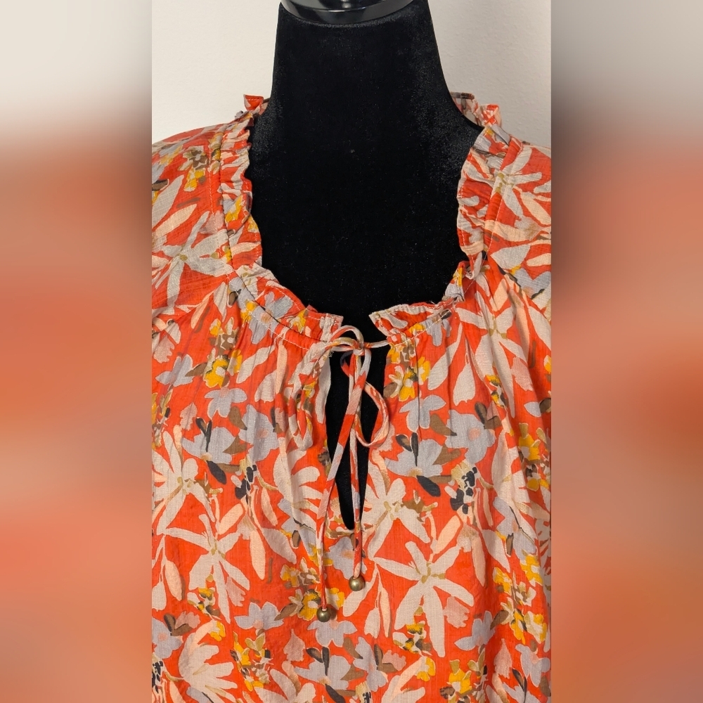 Entro Women's Floral Ruffle Balloon Sleeve Blouse Size L Color Rust Bohemian EUC - Picture 7 of 17